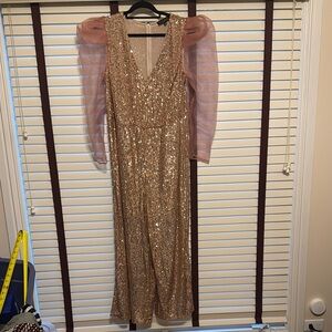 Liquid Sequin Mauve Jumpsuit with Sheer Sleeves -Size 16